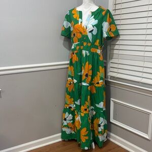 Anthropologie Green and Orange Floral Maxi Dress